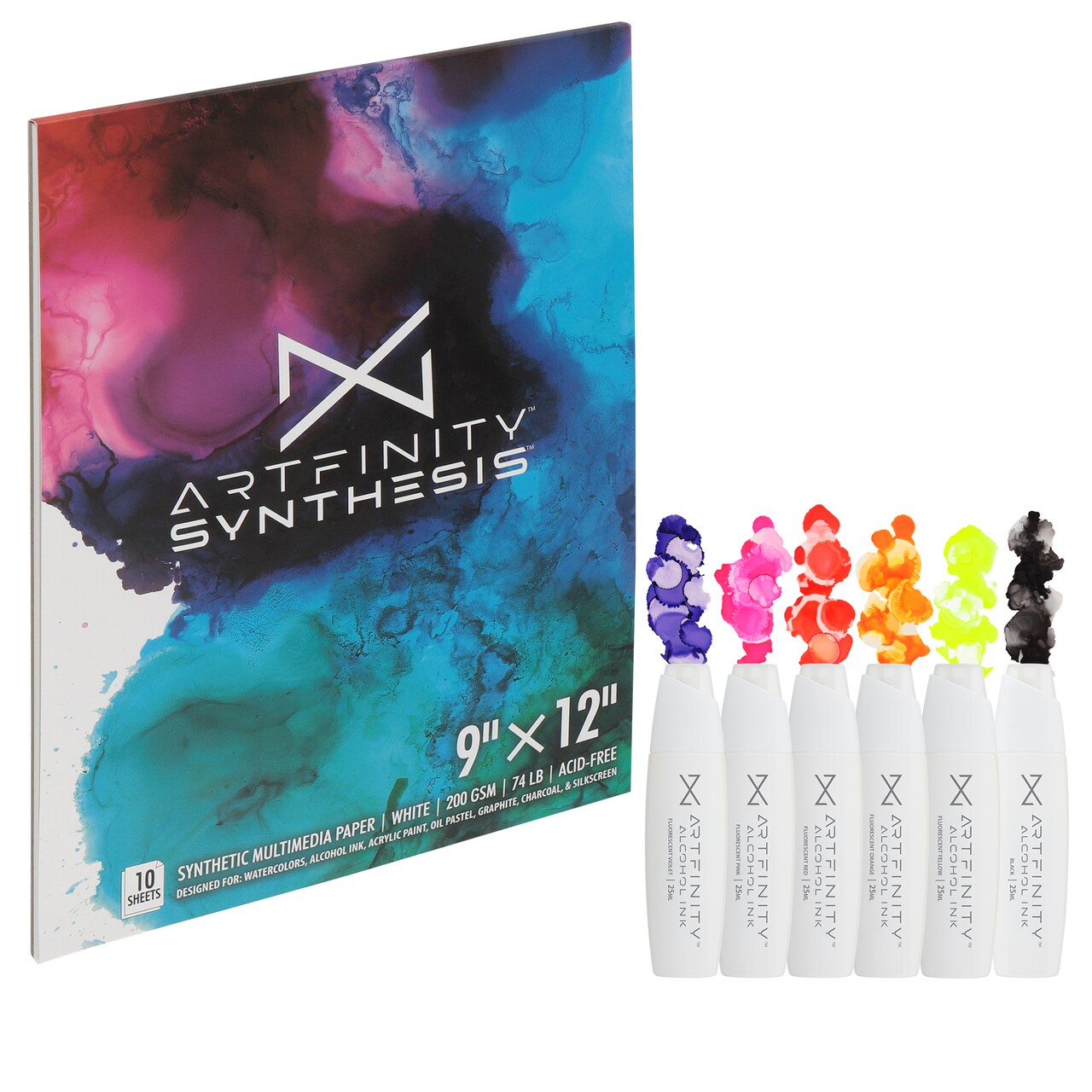 Artfinity Alcohol Ink - Fluorescent Set, 7 Pieces | 10 Sheets 9x12" Multimedia Paper | Fast-Drying, Permanent, Transparent Alcohol Inks for Gloss Paper, Glass, Metal | 25 ml Bottles